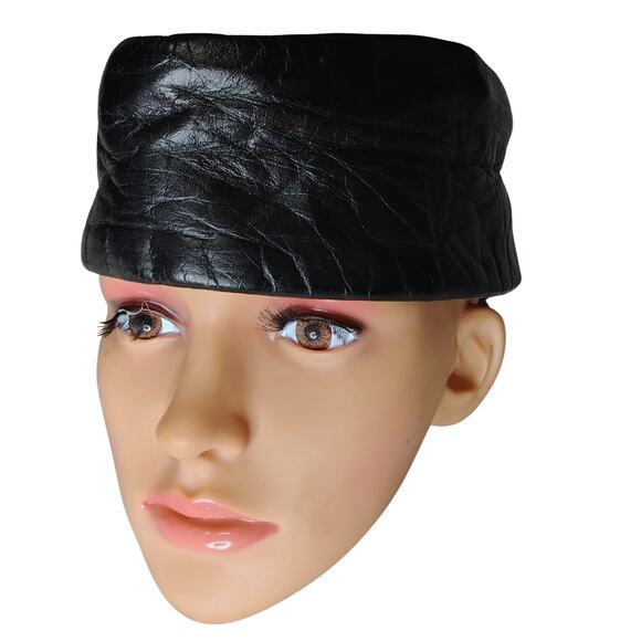 1960s Black Genuine Leather Oblong Cap Hat Made in USA Size Large Gently Used - Picture 1 of 9